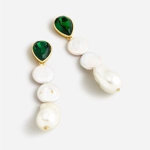J. Crew - Freshwater Pearl and Emerald Green Crystal Drop Earrings